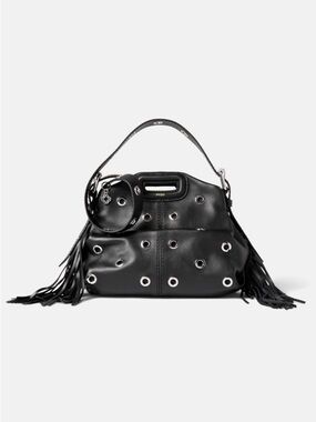 Maje Miss Mini M Eyelet Black Grommet Fringe Leather Top-Handle Bag